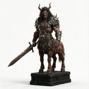Könnte beinhalten: Eine detaillierte Figur eines gehörnten Zentauren-Kriegers mit langem dunklem Haar, der eine mit Totenkopfmotiven verzierte, stachelige Metallrüstung trägt. Die Figur hält ein großes, verwittertes Schwert und steht auf einem rechteckigen Steinsockel.