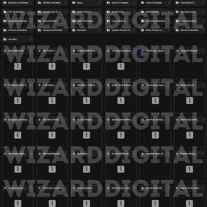 May include: A grid of digital product thumbnails, each labeled with a character or theme, such as "Wolverine," "Stormtrooper," and "Deadpool." The text "WIZARD DIGITAL" is watermarked across the image. The thumbnails suggest a collection of digital files.