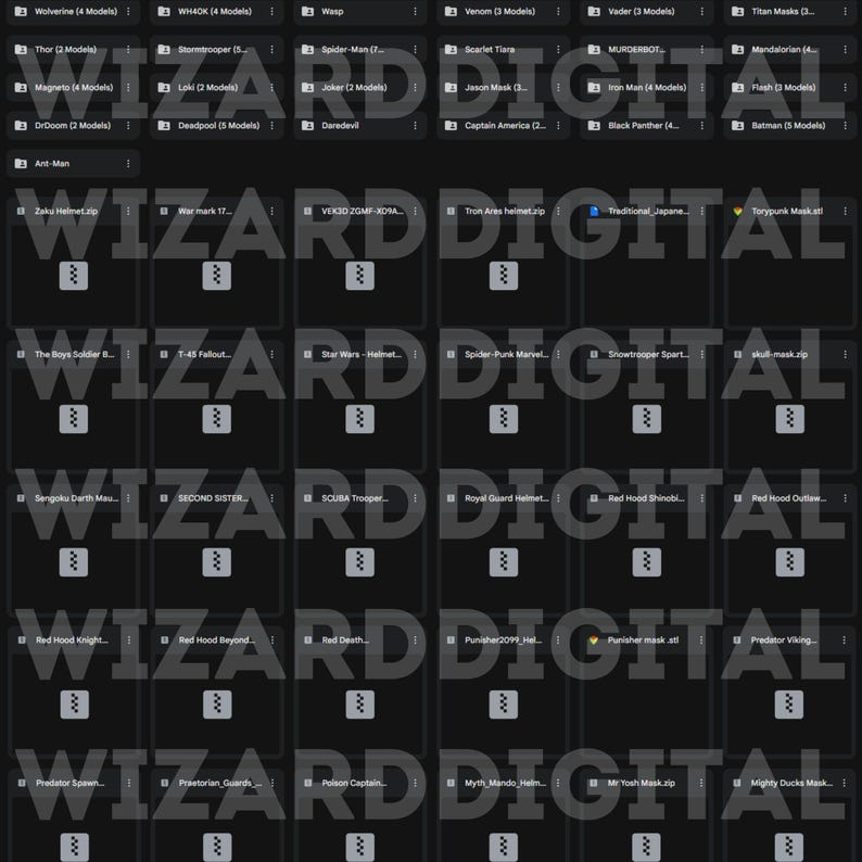 May include: A grid of digital product thumbnails, each labeled with a character or theme, such as "Wolverine," "Stormtrooper," and "Deadpool." The text "WIZARD DIGITAL" is watermarked across the image. The thumbnails suggest a collection of digital files.