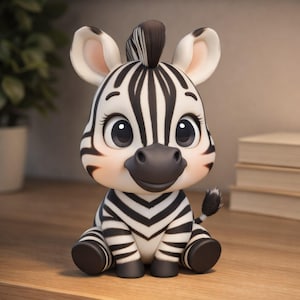 Op de afbeelding: Een schattig zebrafiguur in cartoonstijl. De zebra heeft een wit lichaam met zwarte strepen, grote donkere ogen en een kleine zwarte staart. Het zit op een houten oppervlak. De zebra heeft een vriendelijke uitdrukking.