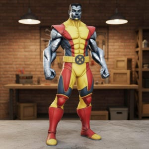Könnte beinhalten: Eine Actionfigur von Colossus, einem Marvel Comics-Charakter. Die Figur trägt einen gelben, roten und blauen Anzug mit metallisch-silbernen Armen. Der Gesichtsausdruck ist ernst. Die Figur steht auf einer grauen Oberfläche in einer Werkstatt.