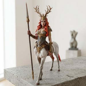 May include: A detailed figurine of a centaur woman with red hair, antlers, and ornate armor, holding a spear. The figure has a white horse body and is posed on a textured surface. The armor is gold and gray.