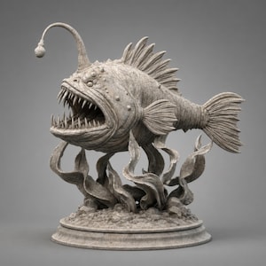 Può includere: Una scultura dettagliata di un pesce rana pescatrice, con la bocca spalancata e denti affilati, e un'esca luminosa. Il pesce è grigio con dettagli strutturati, posto su una base con alghe stilizzate.