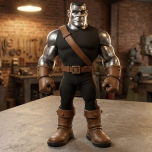 May include: A stylized action figure of a muscular character with a metallic silver head, arms, and shoulders. The figure wears a black top and pants, a brown belt, and brown boots. A brown strap crosses the chest. The figure stands on a gray surface.