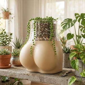 May include: A beige ceramic planter shaped like a pair of buttocks, with a clear glass top. The planter is filled with soil and a trailing plant with small, green, bead-like leaves. Other potted plants are in the background.