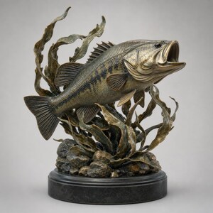 Op de afbeelding: Een bronzen sculptuur van een largemouth bass met open mond, omringd door waterplanten. De vis heeft gedetailleerde schubben en vinnen, met een donkergroene en gouden afwerking. De sculptuur staat op een ronde, zwarte marmeren voet.