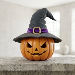 May include: A carved orange pumpkin with a witch's hat. The pumpkin has a carved face with triangular eyes and a smiling mouth. The hat is gray with a purple band and gold buckle, perfect for Halloween.