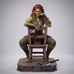 Drunkard Orc Girl Figure STL for 3D Print, Fantasy Hero Statue STL Printing Model