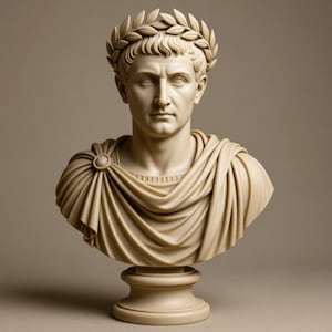 May include: A cream-colored bust of a man with a laurel wreath crown. The sculpture features detailed facial features and draped fabric over the shoulders. The bust is mounted on a pedestal.
