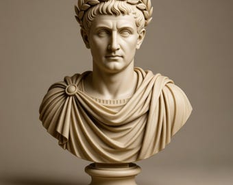 May include: A cream-colored bust of a man with a laurel wreath crown. The sculpture features detailed facial features and draped fabric over the shoulders. The bust is mounted on a pedestal.