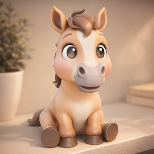 May include: A charming, cartoon-style horse figurine in a seated position. The horse has a light brown coat, a white blaze, and a brown mane and tail. It features large, expressive eyes, rosy cheeks, and a gentle smile. The figurine is designed with rounded features.