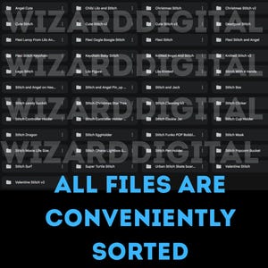 Peut inclure: Une liste de produits num&eacute;riques pr&eacute;sentant une collection de fichiers, organis&eacute;s et &eacute;tiquet&eacute;s avec des titres tels que "Angel Cute", "Chibi Lilo and Stitch" et "Christmas Stitch". Le texte "ALL FILES ARE CONVENIENTLY SORTED" est en bleu.