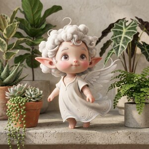 May include: A whimsical figurine of an angel with curly white hair, rosy cheeks, and large ears. The angel wears a flowing white dress and has delicate wings. The background features various potted plants, creating a serene and enchanting scene.