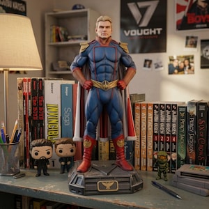 May include: A detailed figurine of a superhero in a blue and red suit with a gold belt and cape. The figure stands on a gray base with a gold emblem. The background includes books, Funko Pop figures, and posters.