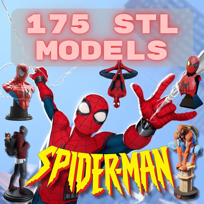 以下が含まれることがあります： 様々なスパイダーマンの3Dモデルが写っている画像。モデルには、バスト、全身像、逆さまに吊るされたフィギュアが含まれています。「175 STL MODELS」というテキストが上部にあり、「SPIDER-MAN」という単語は黄色と赤色です。