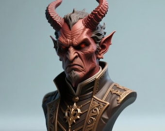 May include: A detailed bust of a demonic figure with red skin, horns, and glowing eyes. The figure wears a dark coat with gold accents and a decorative emblem. The sculpture has a stern expression and a goatee.