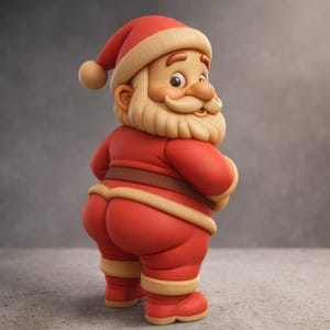 Può includere: Un'immagine 3D di Babbo Natale, visto di lato e leggermente da dietro. Indossa un abito rosso con cintura marrone e finiture beige. Il suo cappello e gli stivali sono rossi con finiture beige. Babbo Natale ha una barba bianca e un'espressione allegra.