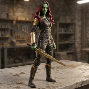May include: A Gamora action figure stands holding a golden sword. The figure has green skin, red hair, and wears a black and gold outfit. The background shows a workshop setting with tools and shelves.