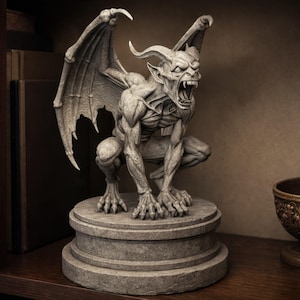 Può includere: Una statua di gargoyle grigia dettagliata con ali spiegate, corna e bocca aperta, appollaiata su una base rotonda a più livelli. La scultura presenta dettagli intricati ed è esposta su una mensola di legno.
