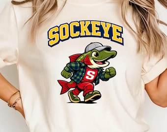 Sockeye Salmon Baseball Mascot Shirt Seattle PNW Fish Graphic Tee, Vintage Baseball Fan Shirt, Salmon Run Mascot, Unisex Baseball Lover Gift