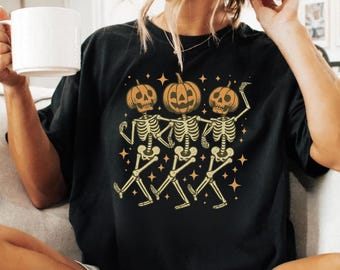 Maglietta di Halloween con scheletro di zucca, maglietta comoda con colori spettrali per la stagione spettrale