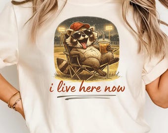 Raccoon I live Here Now Comfort Colors®  Shirt, Raccoon Drinking Iced Coffee Shirt, Ballfield Dark Shirt, Baseball field, Baseball Mama Tee