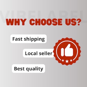 May include: Image with the text "WHY CHOOSE US?" in red. Below are three white rectangles with the text "Fast shipping", "Local seller", and "Best quality". A red badge with a thumbs-up icon and three stars is on the right.