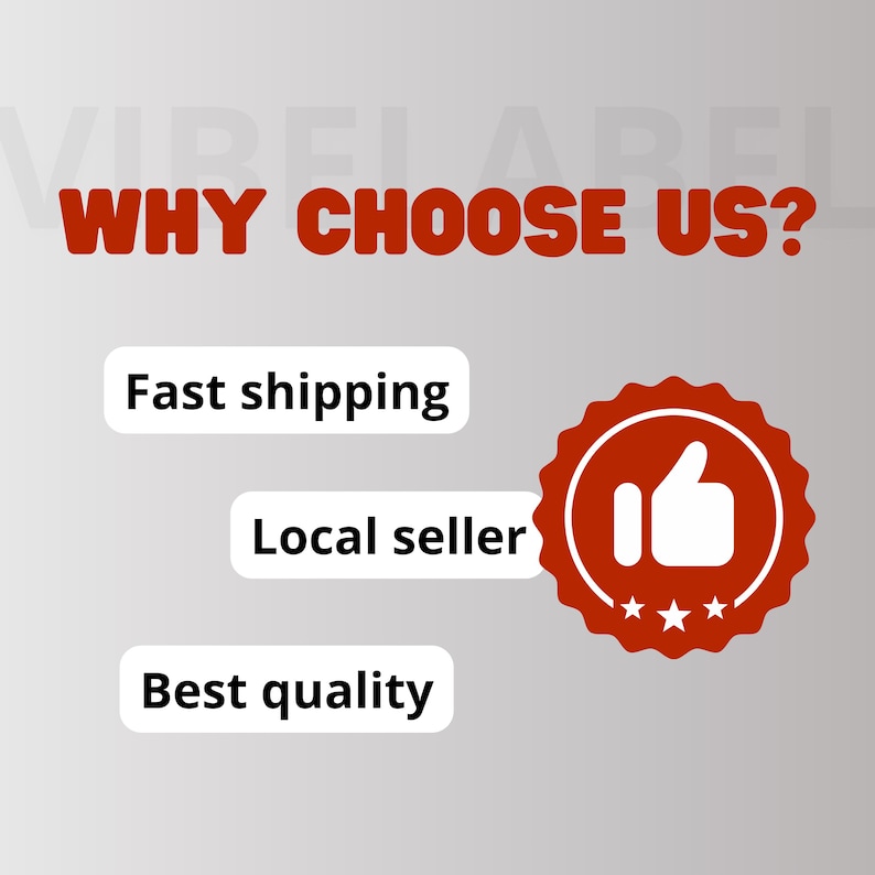 May include: Image with the text "WHY CHOOSE US?" in red. Below are three white rectangles with the text "Fast shipping", "Local seller", and "Best quality". A red badge with a thumbs-up icon and three stars is on the right.