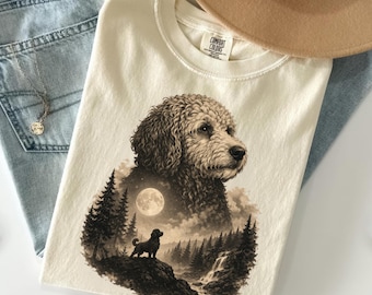 Goldendoodle Howling to The Moon Comfort Colors® Shirt, Vintage Moon Animals Tee, 90s Retro Animal Graphic Tee, Custom Dog Portrait Tee