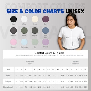 May include: A white t-shirt with a size and color chart. The chart displays various colors like black, white, and berry. It includes size measurements in inches and centimeters, with widths ranging from 18.3 to 29.8 inches and lengths from 26.6 to 33.5 inches.