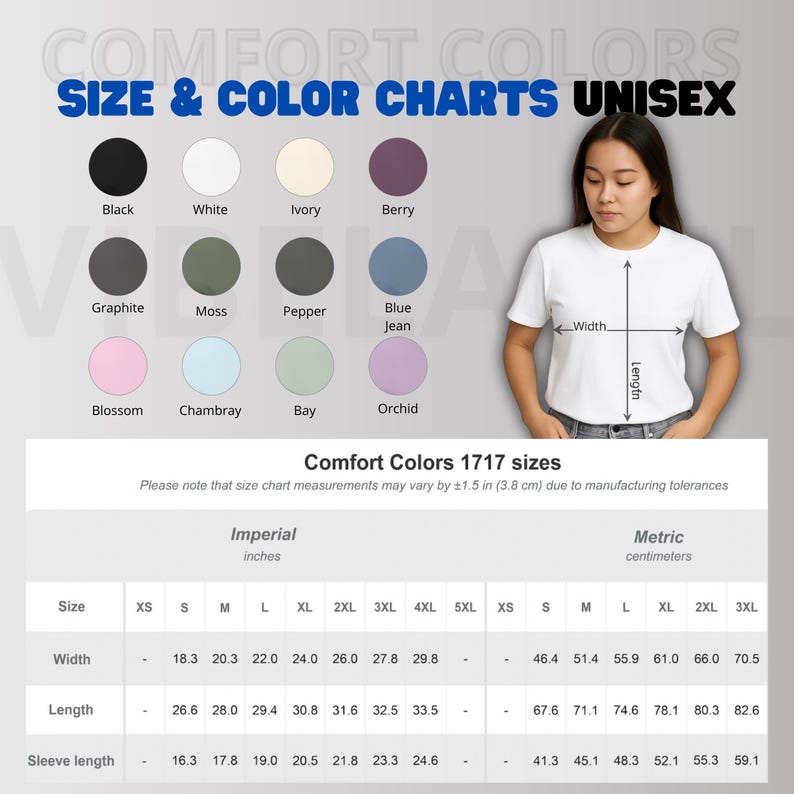 May include: A white t-shirt with a size and color chart. The chart displays various colors like black, white, and berry. Measurements are in inches and centimeters. The text on the image reads "COMFORT COLORS SIZE & COLOR CHARTS UNISEX."