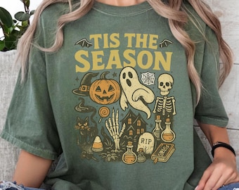 Retro Halloween Graphic Tee: Spooky Season Ghost, Kürbis, Skelett