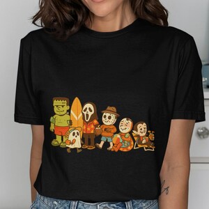 Summerween Horror Icons T-shirt | Halloween Monsters on Holiday T-shirt | Spooky Beach T-shirt