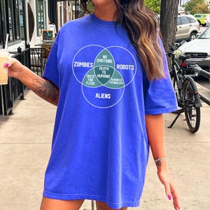May include: A blue t-shirt with a Venn diagram design in white. The diagram includes the words "Zombies", "Robots", and "Aliens", with overlapping sections that read "No Emotions", "Death to Humans", "Taste for Flesh", and "Advanced Technology".