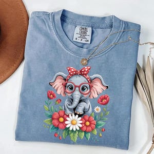 Cute Elephant Shirt with Glasses and Red Bow, Floral Elephant Graphic Tee, Adorable Baby Elephant Shirt, Flower Lover Tee, Animal Lover Gift