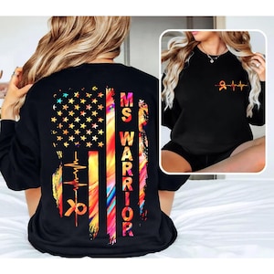 MS Awareness Shirt – Orange Ribbon Heartbeat, Distressed American Flag