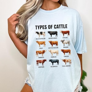 May include: Light blue t-shirt featuring the text "TYPES OF CATTLE" above illustrations of various cattle breeds, including Holstein Friesian, Aberdeen Angus, and Hereford. The shirt showcases a variety of breeds.