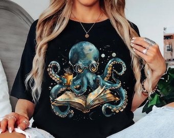 Octopus Reading Book T-Shirt – Coffee Lover Bibliophile Tee