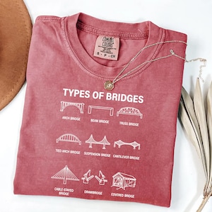 A red t-shirt with white text and illustrations of different types of bridges, including an arch bridge, beam bridge, truss bridge, tied arch bridge, suspension bridge, cable-stayed bridge, and drawbridge, along with a necklace and a hat.