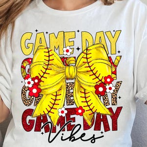 Softball Game Day PNG – Yellow Stitched Bow Digital Download – Cheer Sports Clipart – Sublimation Design for Shirts & Tumblers