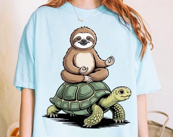 Sloth on Turtle Graphic Tee - Funny Animal Shirt
