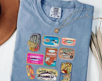 chemise vintage sardines - t-shirt graphique poisson en conserve coloré - chemise pour amateur de fruits de mer côtiers - cadeau de pêcheur rétro