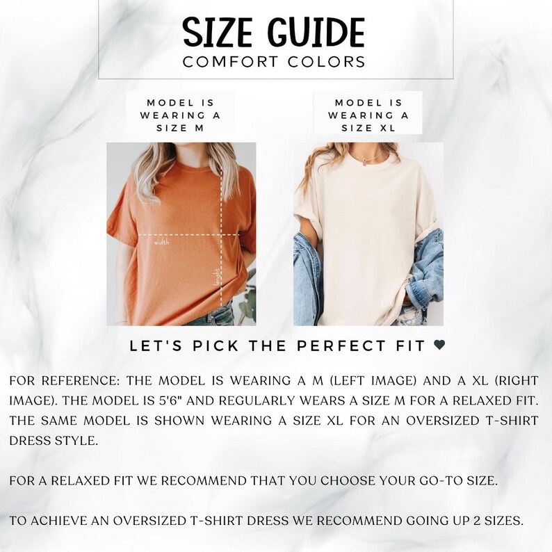 The image is a size guide for comfort colors, featuring two models wearing different sizes of t-shirts. The model on the left is wearing a size M, while the model on the right is wearing a size XL. The guide provides recommendations for choosing the perfect fit based on the model's size and the type of t-shirt being worn.