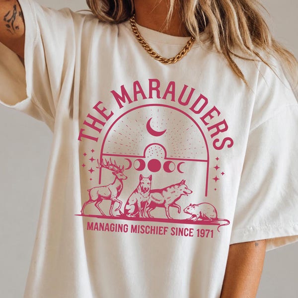 Mischief Makers Shirt - Magical Animal Friend Group Tee - Moon Phase Fantasy Shirt - Vintage Bookish Reader Gift
