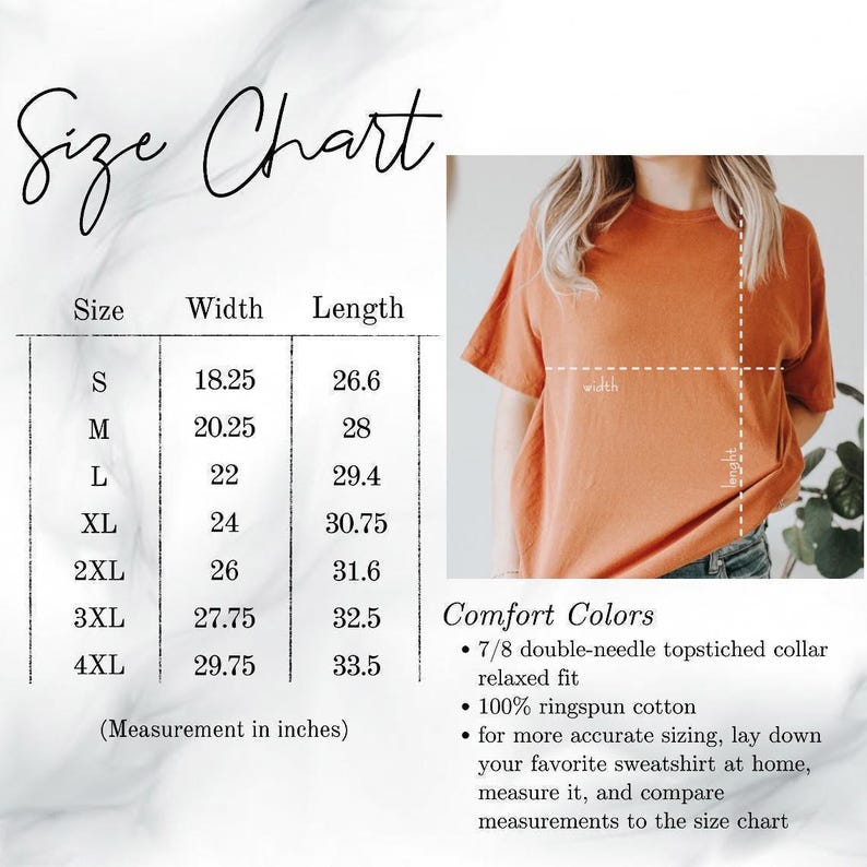 The image is a size chart for a t-shirt, providing measurements for different sizes and corresponding comfort colors. The chart includes a photo of a person wearing the t-shirt in a relaxed fit, and the text provides details about the t-shirt's features, such as the 7/8 double-needle topspinned collar, relaxed fit, and 100% ringspun cotton for accurate sizing and layering.
