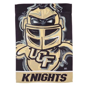 May include: A black and gold garden flag with a cartoon knight wearing a helmet and holding a shield. The knight is wearing a UCF uniform and the flag says "Knights".