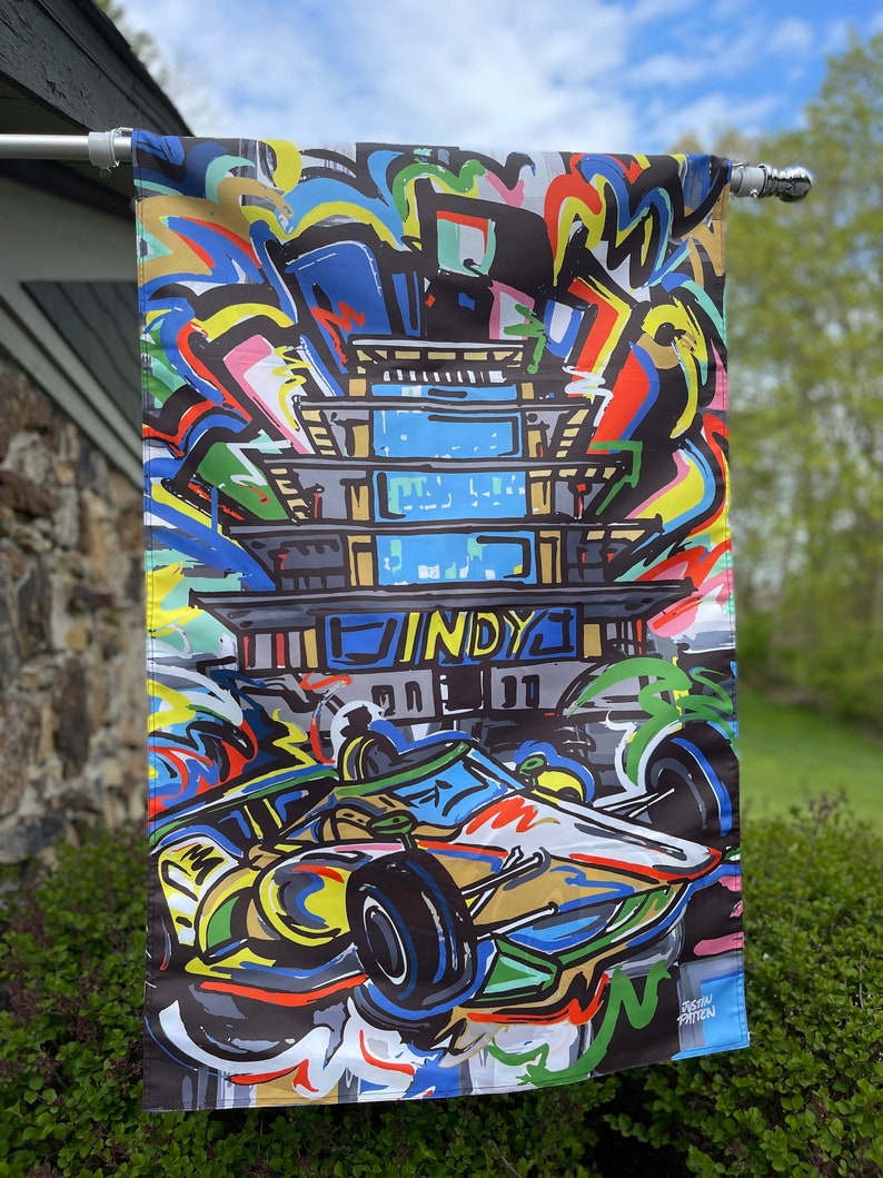 Indianapolis Motor Speedway Pagoda House Flag (28"x 42" in) by Justin Patten (Storm Striker Art, IMS Pagoda Gift, Bright Colors) Bild 1