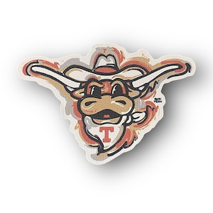 May include: A cartoon illustration of a brown bull wearing a cowboy hat and a bandana with a letter "T" on it. The bull is smiling and has a red nose. The background is a colorful abstract design.