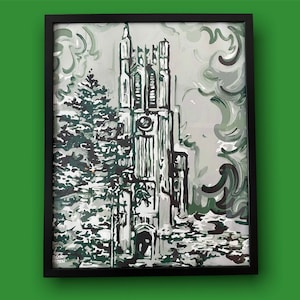 May include: A black and white painting of a tall church tower with a clock face, surrounded by trees and a cloudy sky. The painting is framed in a black frame.