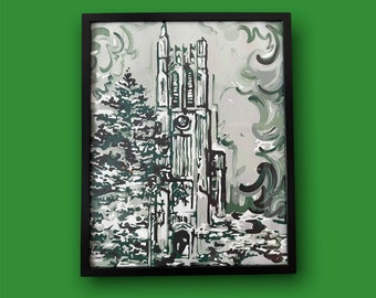 May include: A black and white painting of a tall church tower with a clock face, surrounded by trees and a cloudy sky. The painting is framed in a black frame.